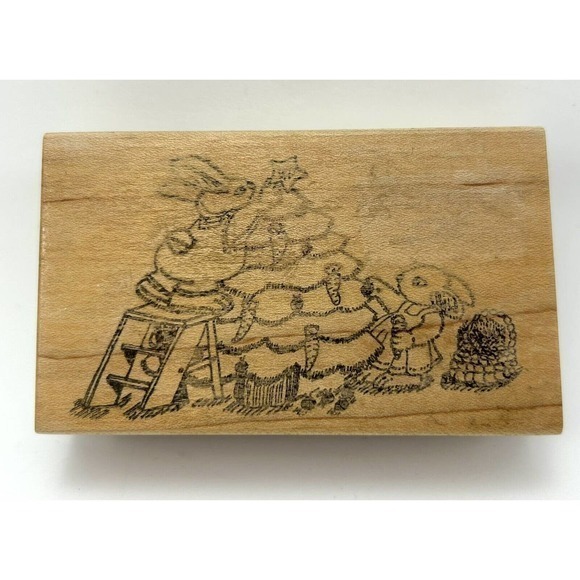 Vintage Rubber Stamp Bunnies Decorating A‎ Christmas Tree Carrots Rabbits Garden - Picture 2 of 7